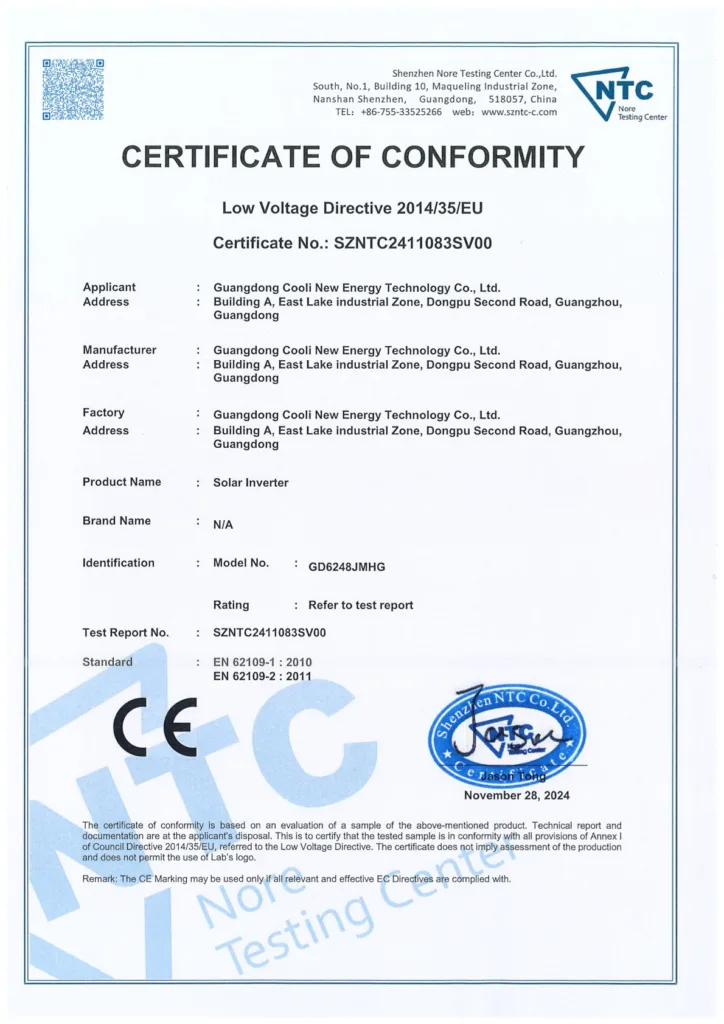 GD6248JMHG Certificate of Conformity SZNTC2411083SV00 Solar Inverter EN 62109 CE LVD Cert